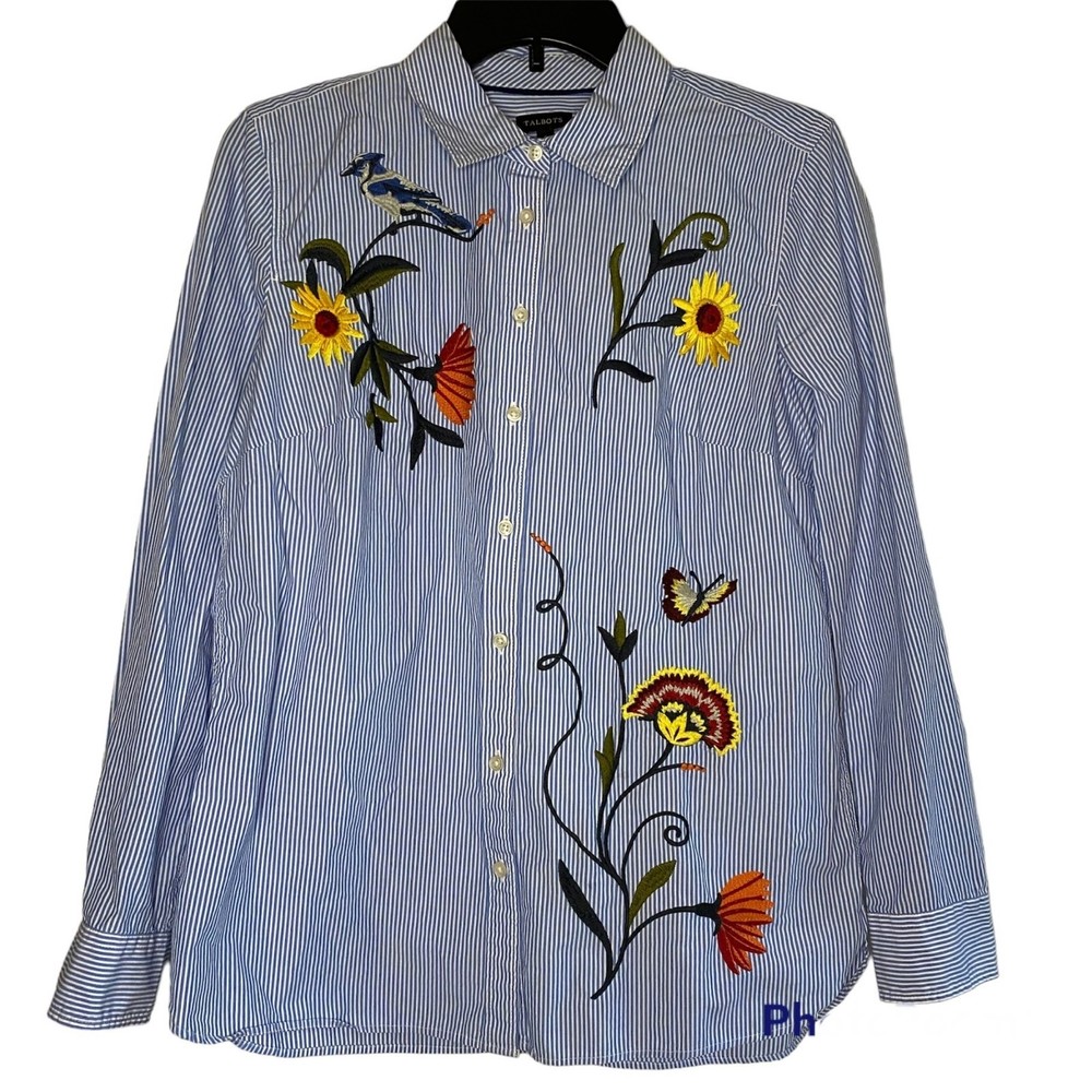TALBOTS woman's size small S embroidered floral striped button down blouse top